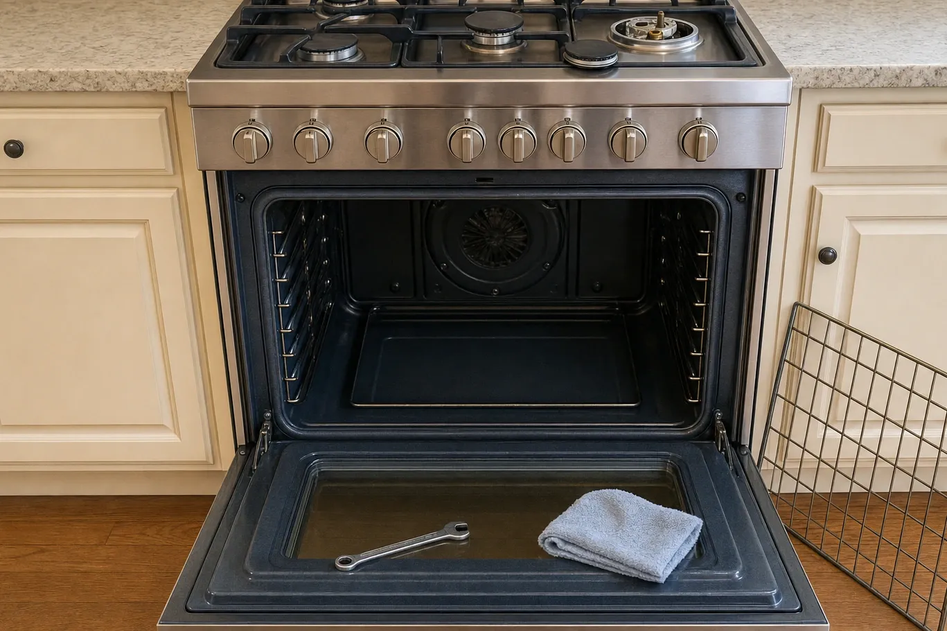 Gas range with the oven door lowered on an empty cavity, convection fan cover at the back, wrench on the door