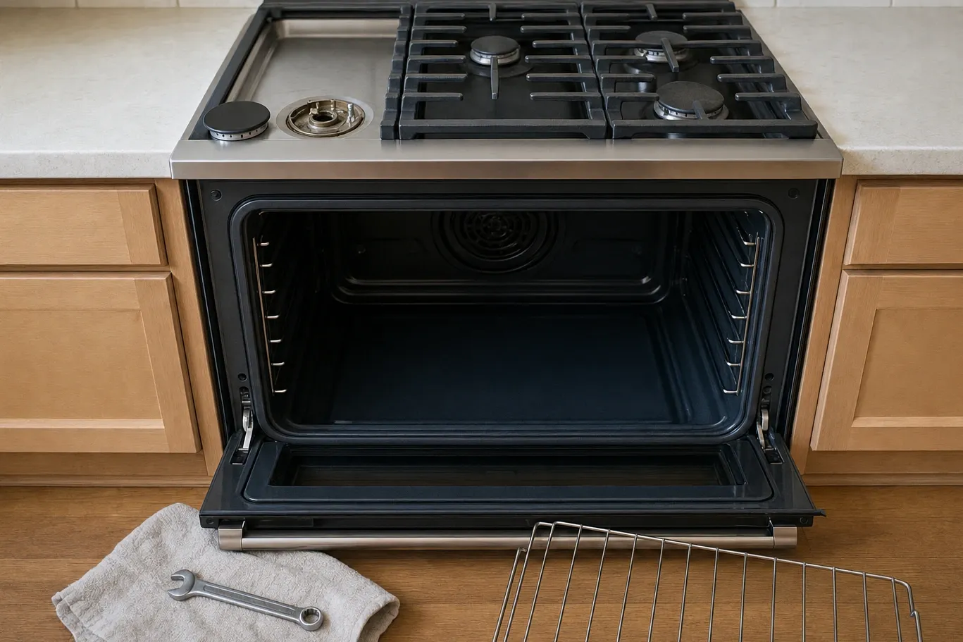 Slide-in gas range in light cabinetry, oven door down on an empty cavity, one burner cap set aside on the top