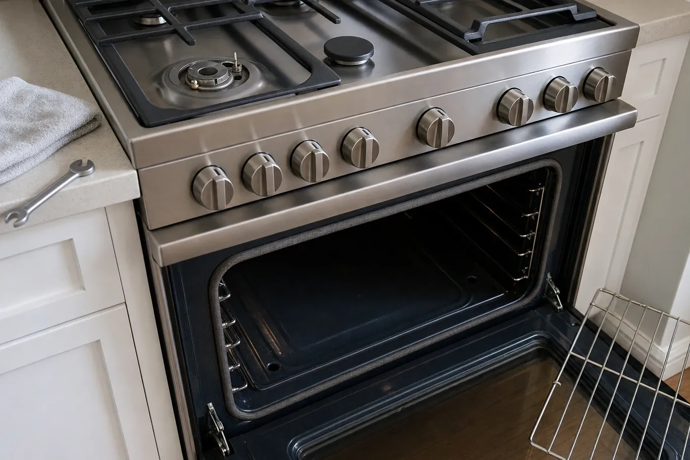 Stainless gas range at an angle with the oven open and racks out, one burner cap off, towel and wrench on the counter