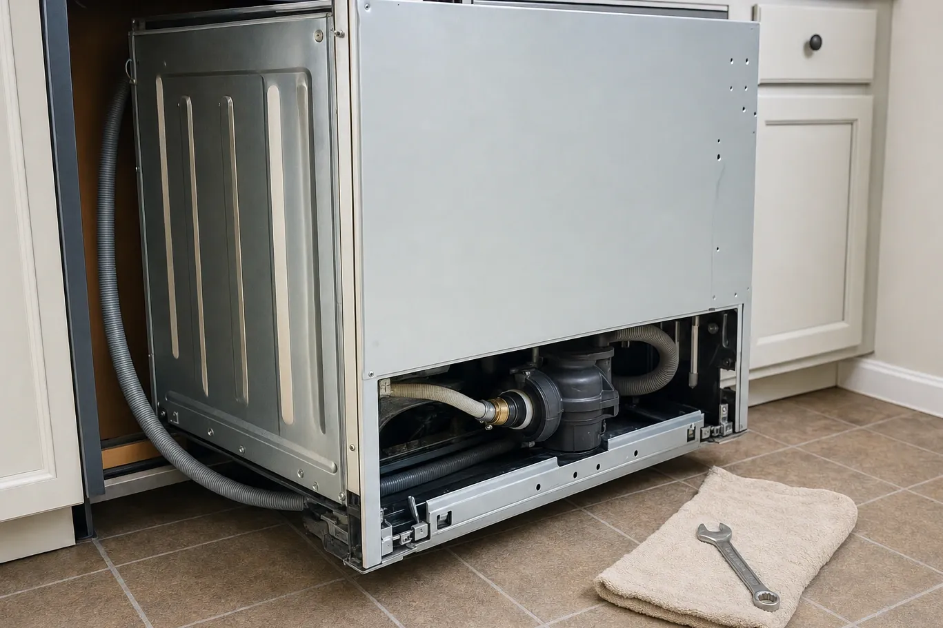 Dishwasher pulled clear of its cabinet onto the floor, rear panel, looped drain hose and sump exposed underneath